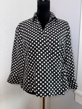 Anne Carson 100% Silk Polka Dot Wrap Blouse Black White Size XL Parisian Glam
